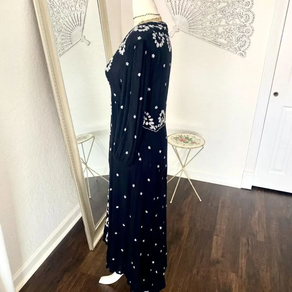 Free People Embroidered Fable Midi Dress Black White Midi Maxi Size S